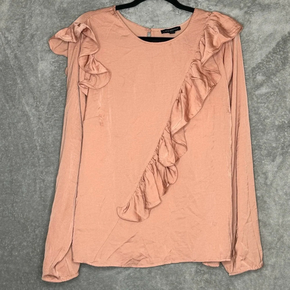 Lane Bryant 16 XL Shirt Top Pink Solid Long Sleeve Scoop Neck Ruffled Button - Picture 1 of 8